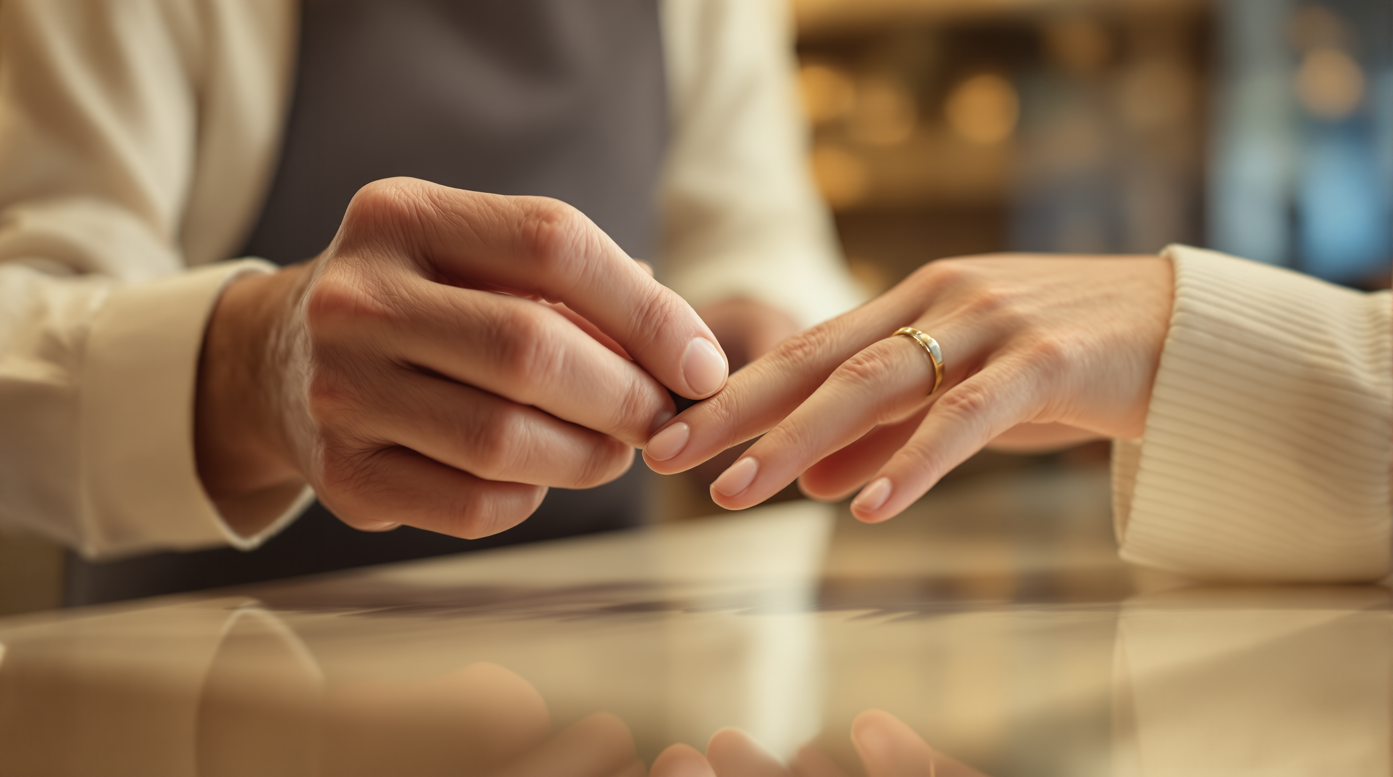 A jeweller measuring a customer's finger in store