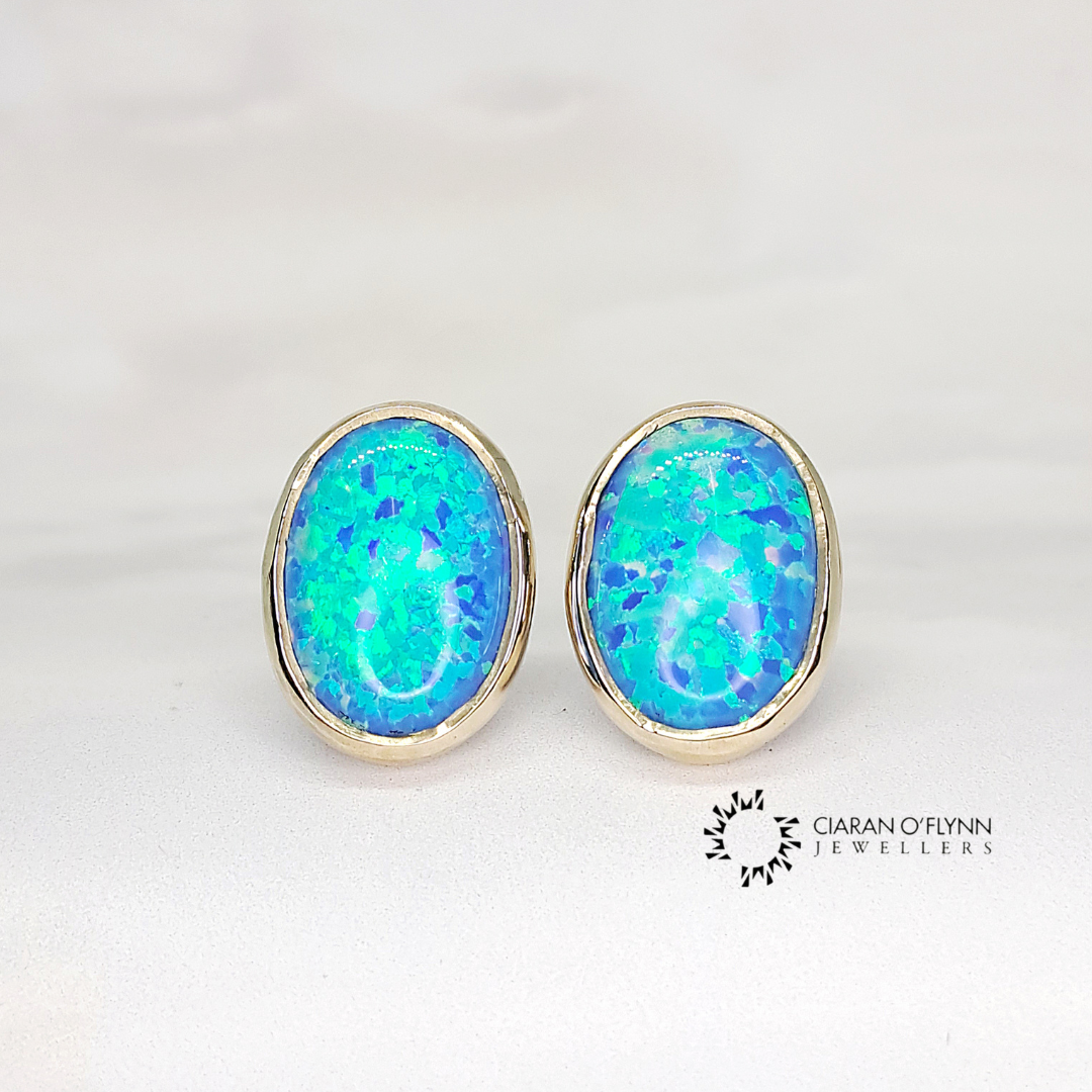 9ct Yellow Gold Blue Opal earrings Ciaran O Flynn Dungarvan