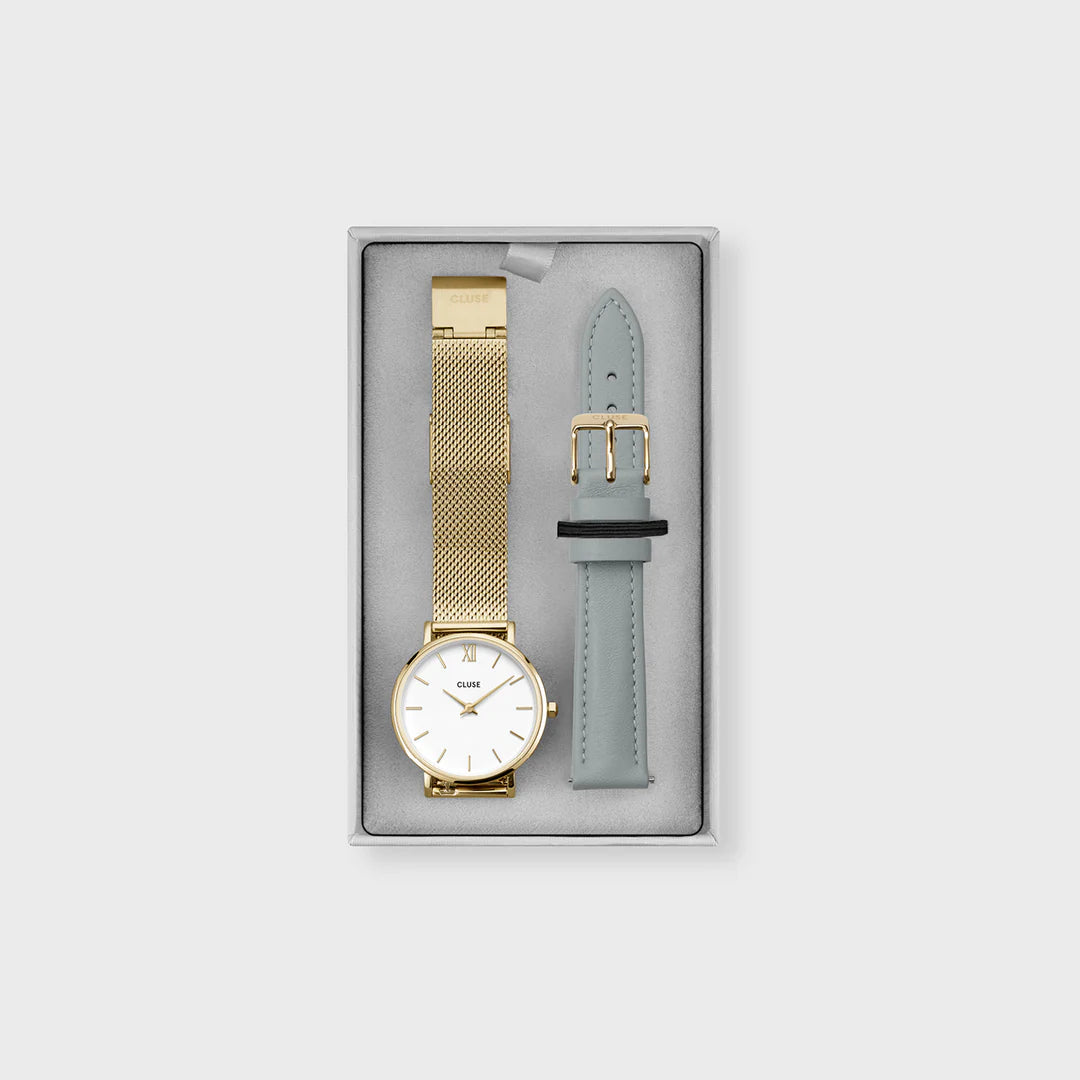 Minuit Watch Mesh Grey Leather Strap Gold Colour Gift Box