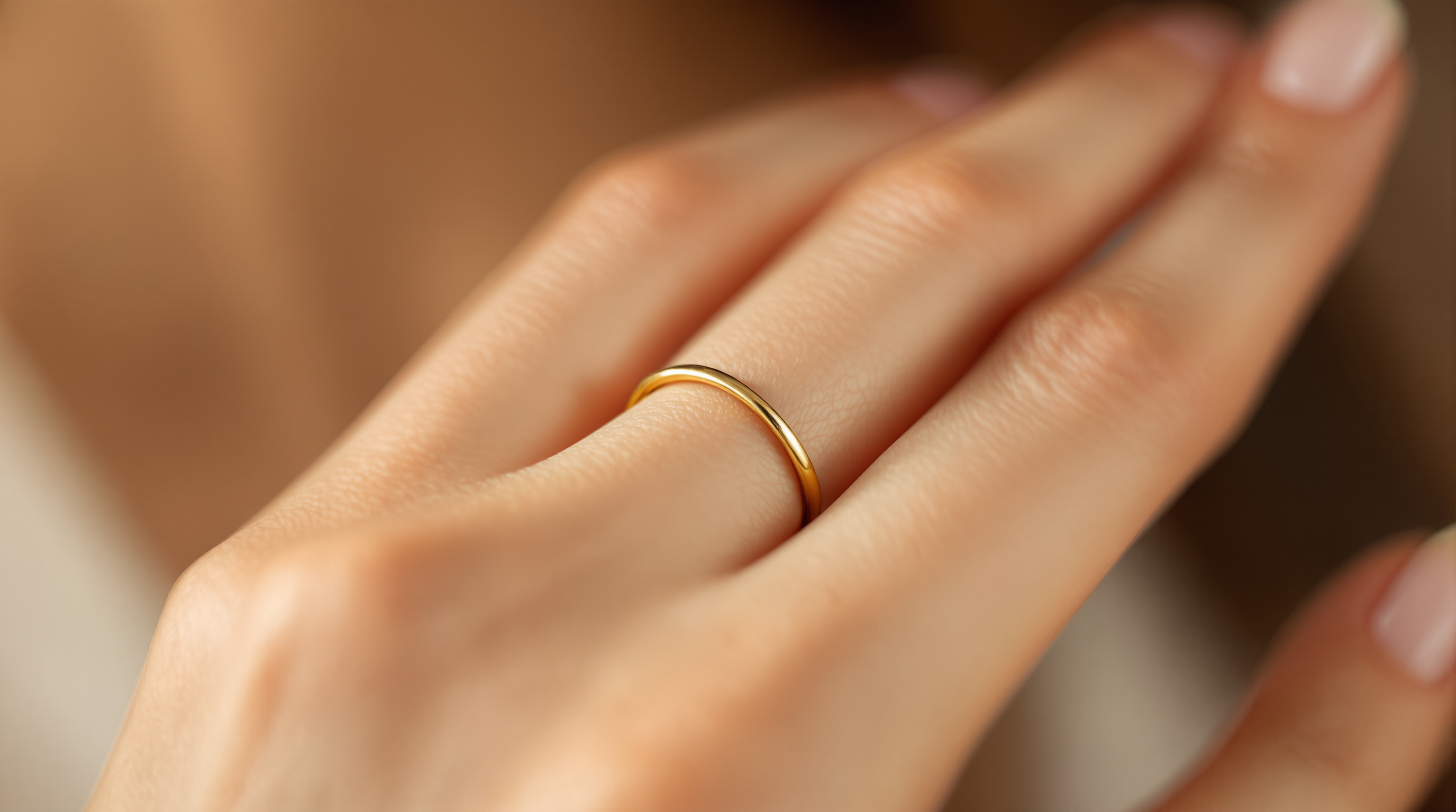 A slim gold band on a hand