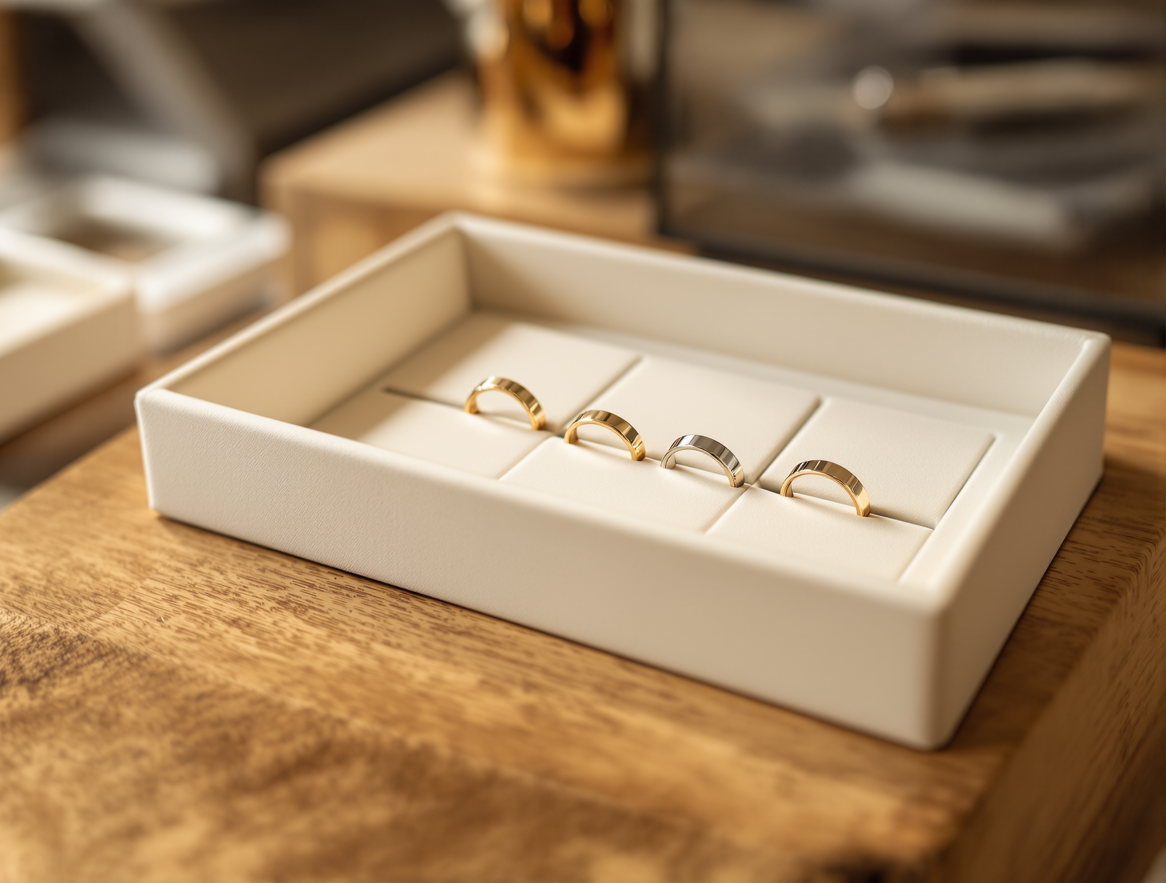 Wedding bands in a tray on the workshop bench