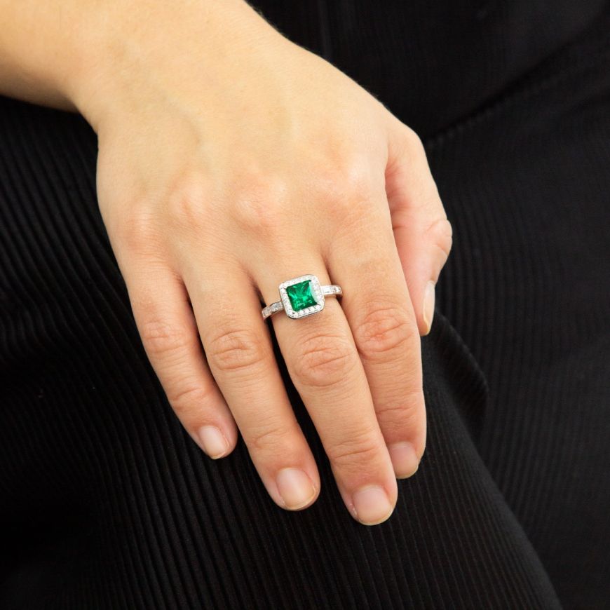 Art Deco Style Emerald Pave Ring With Diamonfire Cubic Zirconia